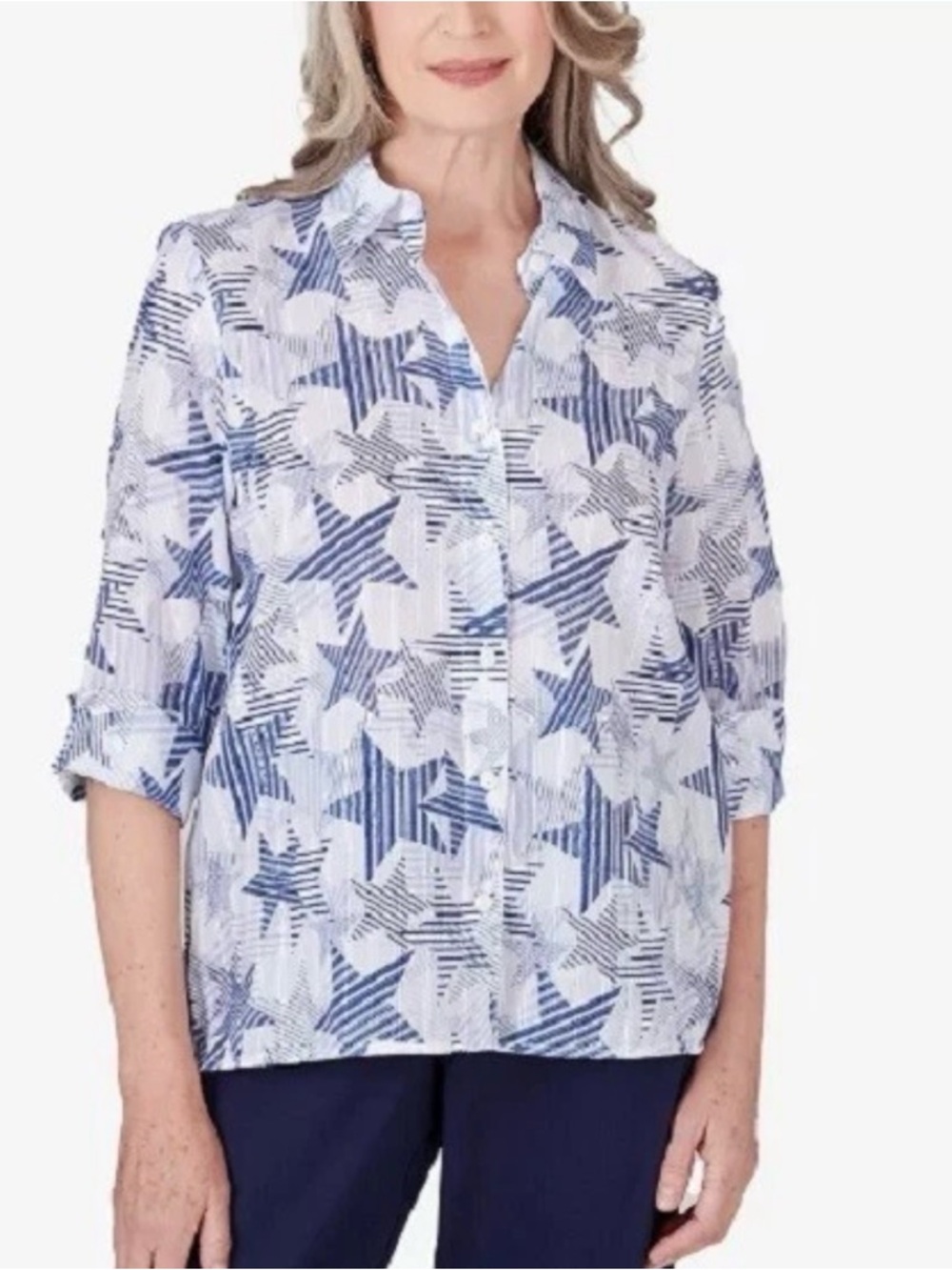 Alfred Dunner Woman 1X Blue White All American Stars Patriot Top Indie Sleaze